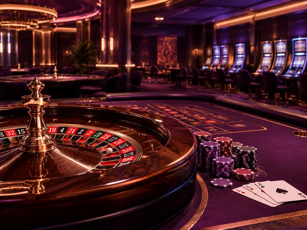 Meja roulette dan kartu di ruang kasino dengan cahaya ungu dan aksen tembaga