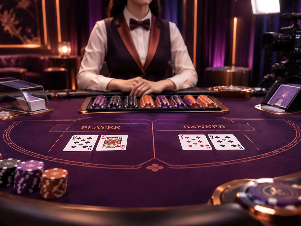 Meja baccarat dengan kartu dan chip di studio kasino