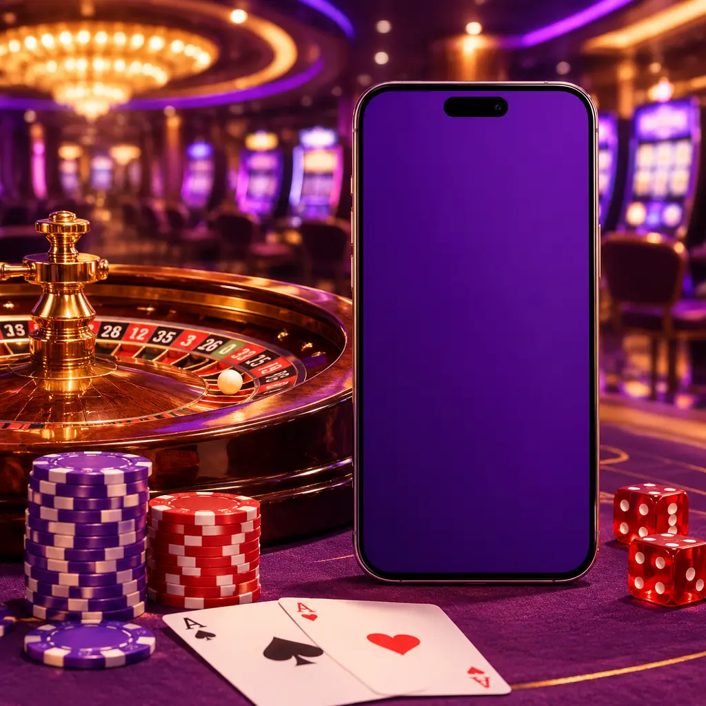 Ponsel di samping chip dan meja roulette