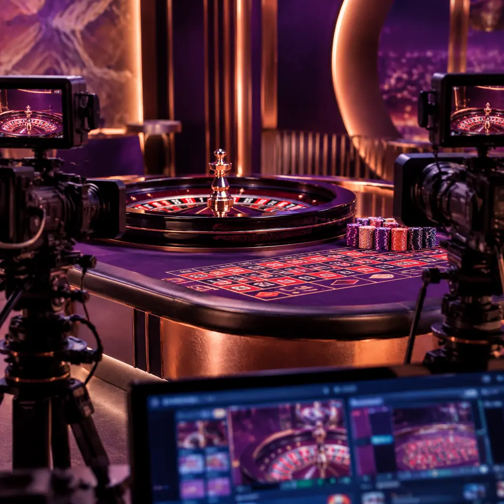 Kamera studio yang mengarah ke meja roulette