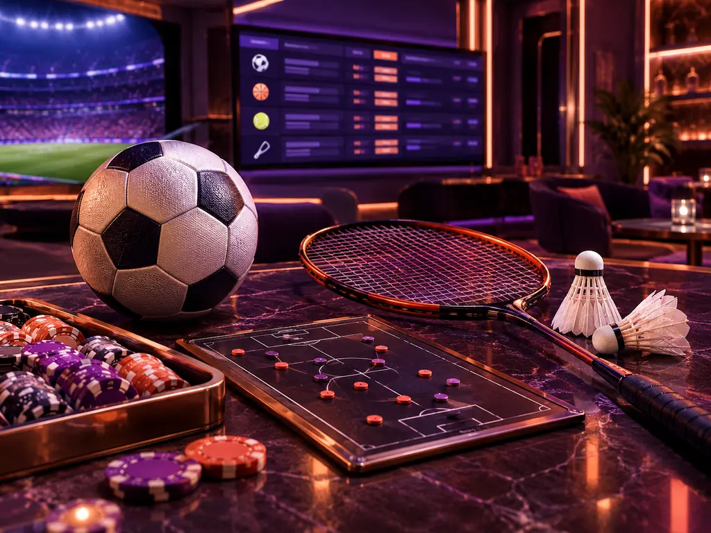 Bola sepak dan papan taktik di area sportsbook kasino